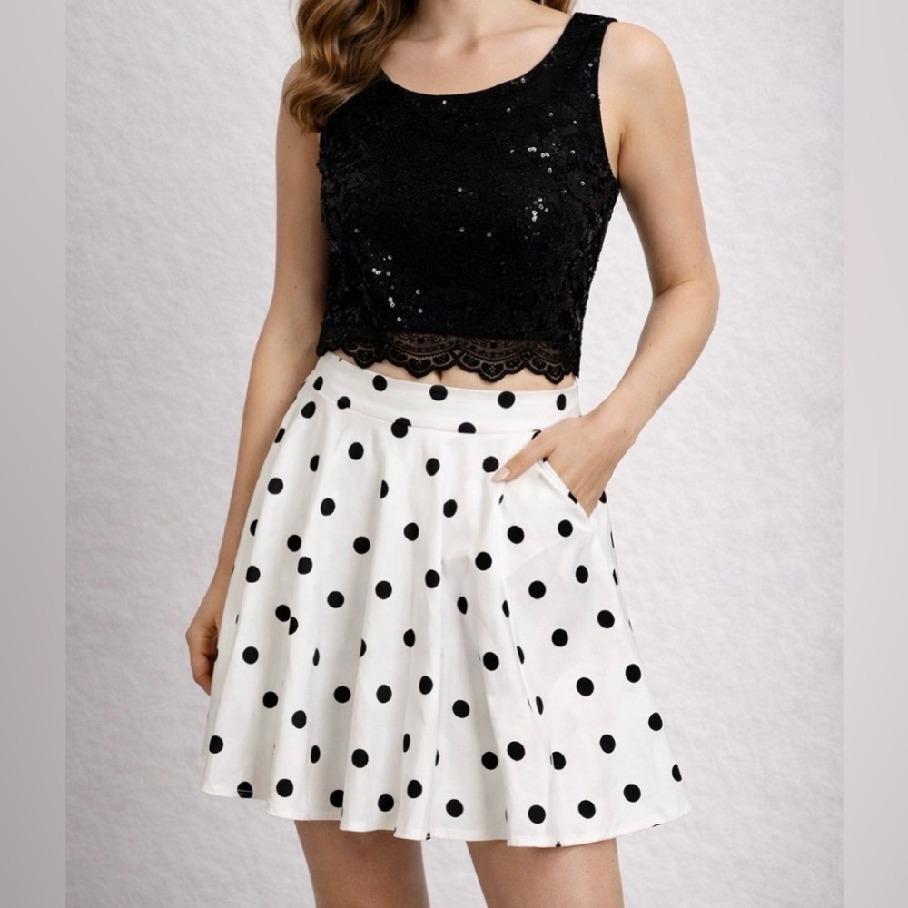 Formal Dress Black Sequin Top White Polka Dot Skater Skirt Hoco Two Piece Party